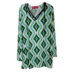 Macbeth Collection Green Print Hooded Bell Sleeve Swimsuit Coverup Medium M